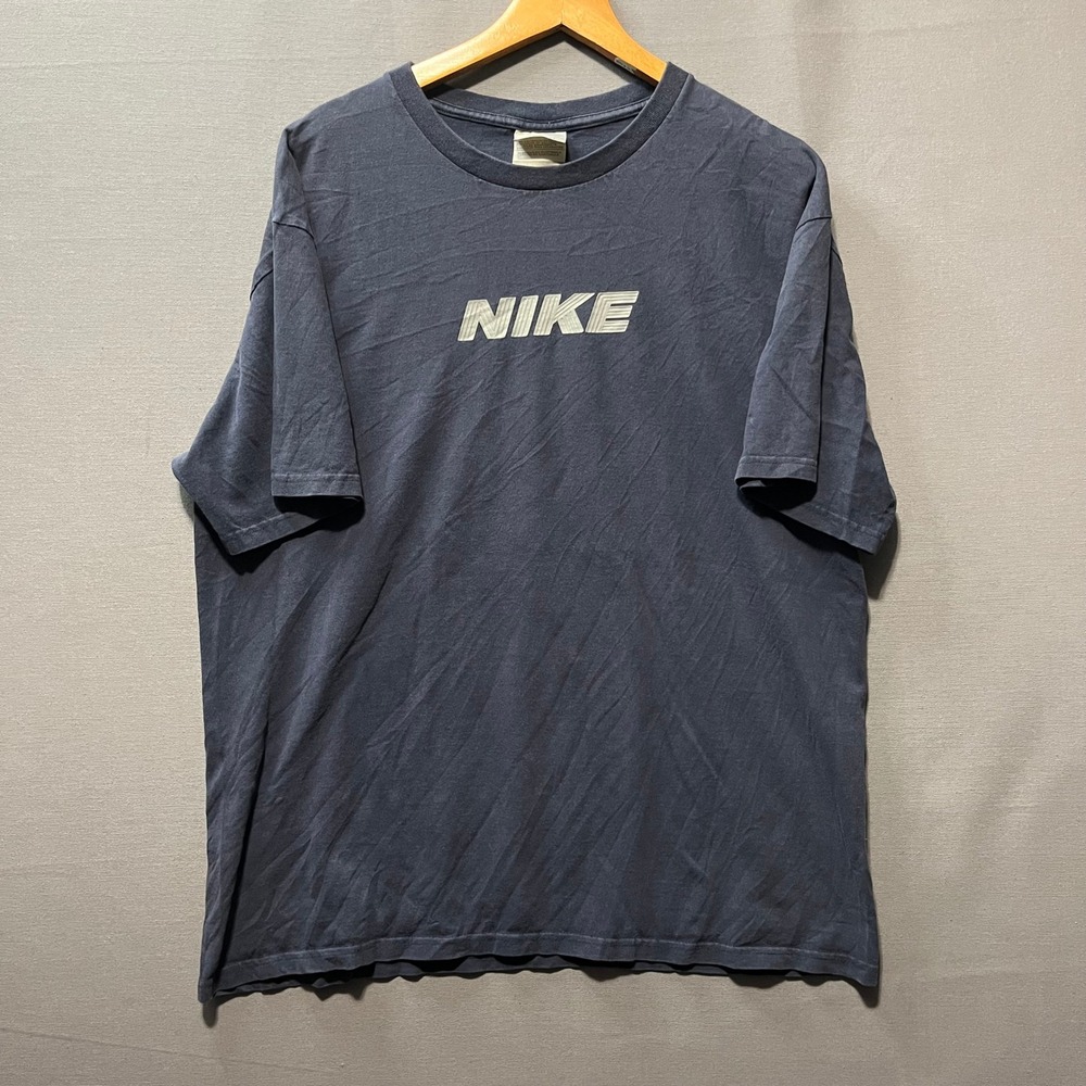 Vintage 90s Nike Spellout T-Shirt Navy Blue Embroidered Logo Silver Tag Large